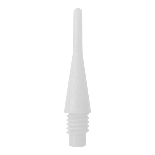 Shorties (200er Pack) - Spitzen Auf dem Bild ist eine weiße Softdartspitze zu sehen. Sie hat ein Gewinde am unteren Ende zum Einschrauben in einen Dart.