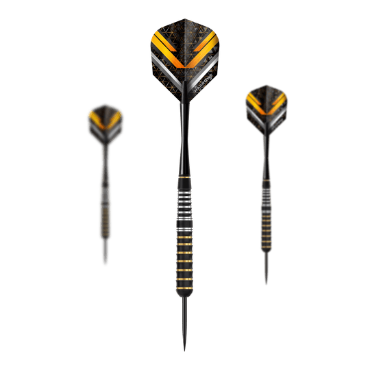 Das Bild zeigt die Harrows Vulcan Steeldarts. Es handelt sich um ein Set von Steeldarts für Dartspieler.