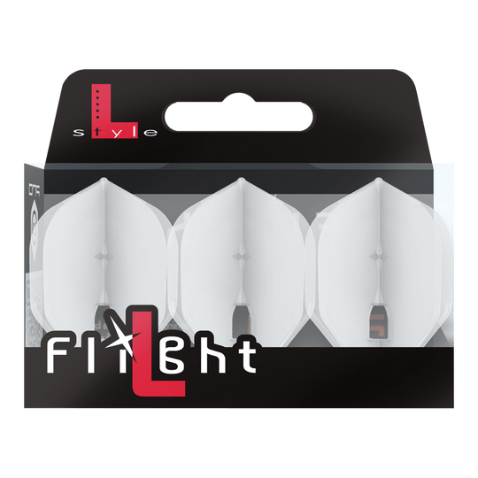 L-Style Champagne L1PRO Flights Die Verpackung enthält drei transparente Dart-Flights der Marke L-Style. Auf der Packung steht groß „Flight“ und oben links ist das L-Style-Logo zu sehen.