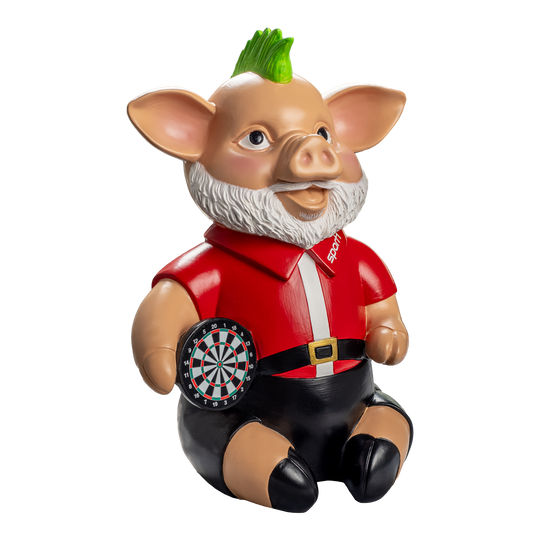 Sport1 Grinch Phrasenschwein Das Bild zeigt eine lustige Sparschweinfigur mit einem grünen Irokesenschnitt und Bart. Sie trägt ein rotes Hemd, hält eine Dartscheibe und hat den Schriftzug "Sport1".