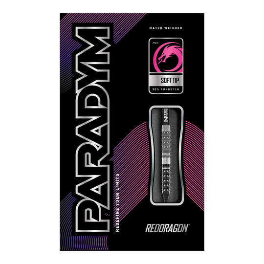 Red Dragon Paradym Tapered Softdarts - 20g Das Bild zeigt die Verpackung der "Red Dragon Paradym Tapered Softdarts - 20g". Die Verpackung ist schwarz mit auffälligen pinken und silbernen Akzenten und zeigt den Dartpfeil und das Red Dragon Logo.
