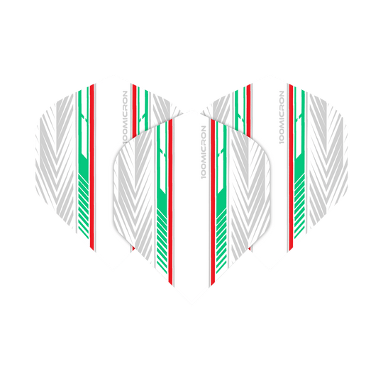 Das Bild zeigt die "Pentathlon White Green Red No2 Standard Flights" für Dartpfeile. Die Flights sind weiß mit auffälligen grünen, roten und silbernen Streifen gestaltet.