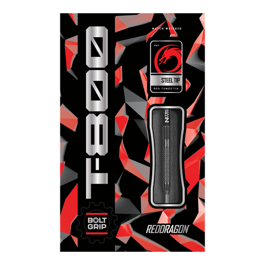 Red Dragon T-800 Steeldarts Die Abbildung zeigt die Verpackung der Red Dragon T-800 Steeldarts. Das Design ist schwarz mit roten und silbernen Akzenten, und der Dartpfeil ist in der Mitte sichtbar.