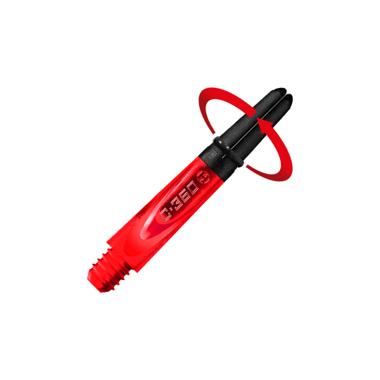 HR455_Harrows_Carbon_360_Shafts_Rot_35mm_2_Symbol Das Bild zeigt einen roten Dart-Schaft mit der Aufschrift "C-360". Ein Pfeil deutet darauf hin, dass sich das obere schwarze Teil des Schafts drehen kann.