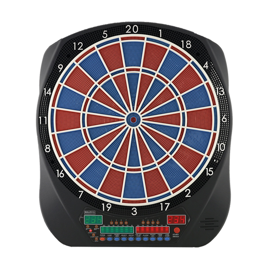 67974_Bulls_Flash_RB_Sound-Elektronik-Dartboard_1 Das Bild zeigt ein elektronisches Dartboard mit farbigen Feldern in Rot und Blau. Unten am Gerät sind digitale Anzeigen und mehrere Tasten zu sehen.