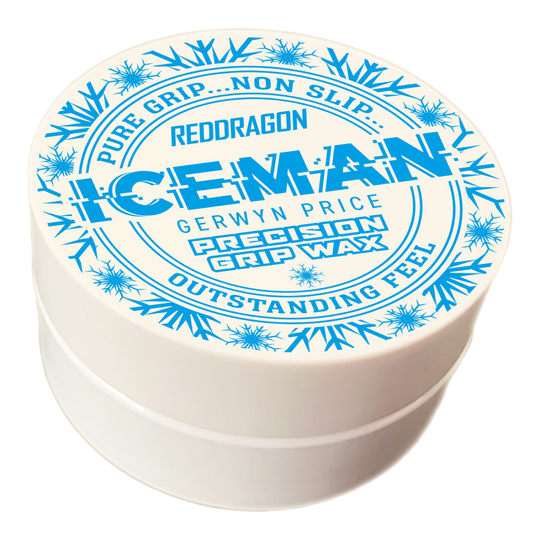 Red Dragon Gerwyn Price Iceman Precision Grip Wax Fingerwachs Das Bild zeigt eine weiße Dose mit der Aufschrift „Red Dragon Gerwyn Price Iceman Precision Grip Wax“. Auf dem Deckel sind blaue Schneeflocken und Werbeslogans wie „Pure Grip… Non Slip… Outstanding Feel“ abgebildet.