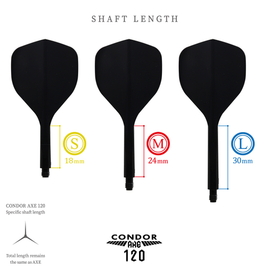 Condor Axe 120 Flight-System Transparent - Standard Das Bild zeigt das Produkt "Condor Axe 120 Flight-System Black - Standard" in drei verschiedenen Schaftlängen. Die Größen sind S (18 mm), M (24 mm) und L (30 mm).