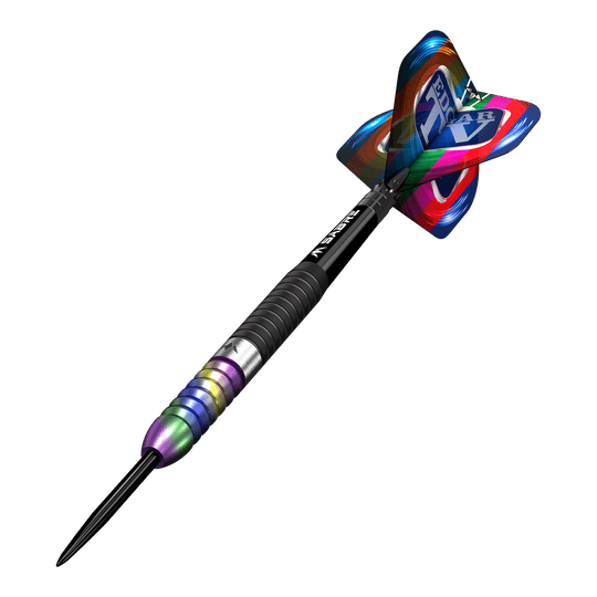 Mission Matt Edgar Steeldarts Dieses Bild zeigt einen Mission Matt Edgar Steeldart. Der Dartpfeil hat einen bunten Schaft und eine auffällige, farbenfrohe Flight.