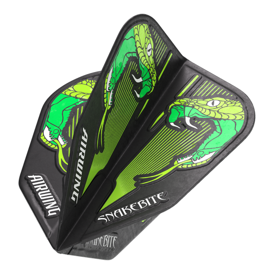 Red Dragon Airwing Peter Wright Green V-Standard Flights Das Bild zeigt die "Red Dragon Airwing Peter Wright Green V-Standard Flights" mit einem grünen Schlangenmuster. Auf den Flights stehen die Wörter "Airwing" und "Snakebite".