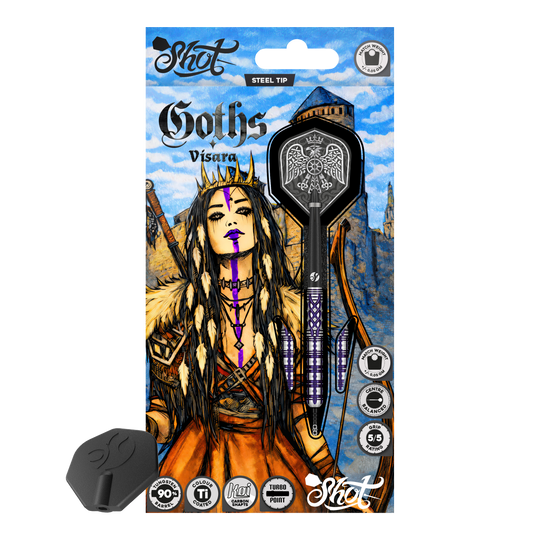 Shot Goths Visara Turbo Point Steeldarts - 23g Abgebildet sind die Shot Goths Visara Turbo Point Steeldarts mit einem Gewicht von 23 Gramm. Diese hochwertigen Darts bieten ein elegantes Design und eine ausgezeichnete Flugeigenschaft.