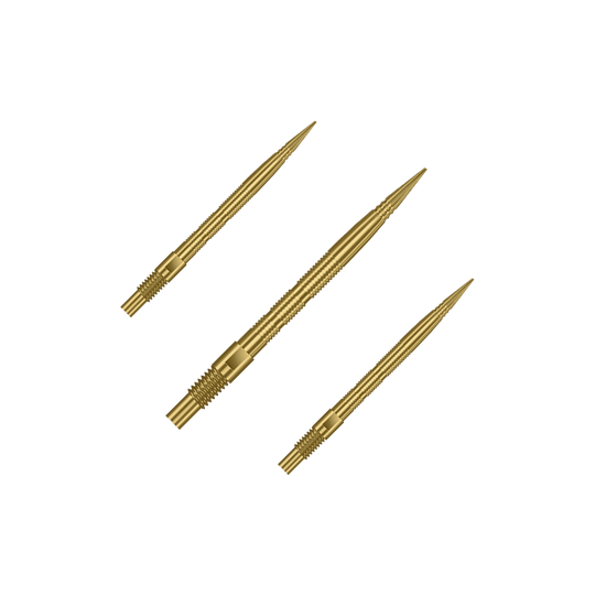 Harrows Quick Point Micro Ridge Dartspitzen - Gold Das Bild zeigt mehrere goldene Dartspitzen. Die Spitzen sind wahrscheinlich vom Typ Harrows Quick Point MicroRidge, 26mm lang.