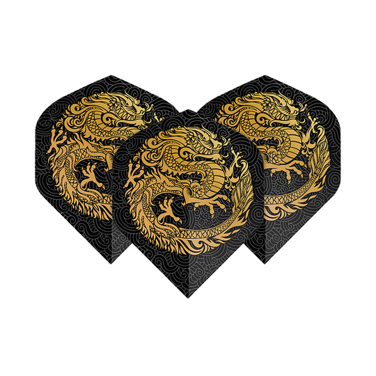 Pentathlon Flights Dragon schwarz Das Bild zeigt drei Dart-Flights mit einem auffälligen goldenen Drachen-Design auf schwarzem Hintergrund. Die Flights sind vom Typ "Pentathlon Dragon 2 Standard".