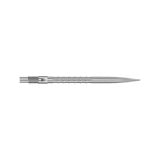 Eine einzelne Harrows Quick Point Heavy Metal Grip Dartspitze in Silber mit 35mm Länge wird gezeigt. Sie befindet sich vor einem neutralen Hintergrund.