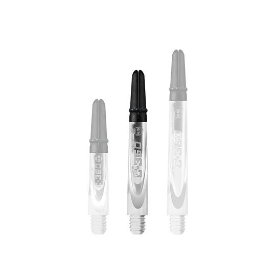 HR447_Harrows_Carbon_360_Shafts_Clear_42mm_1 Das Bild zeigt drei transparente Dartschäfte mit schwarzem oberen Teil in unterschiedlichen Längen. Auf jedem Schaft steht die Aufschrift "C.360".