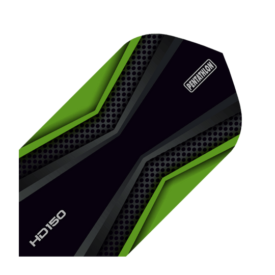 HD-39-HD150-Pentathlon-Green-Black-Flights Das Bild zeigt einen HD 150 Pentathlon Dart Flight in schlanker Form. Das Design ist in Schwarz und Grün gehalten, mit auffälligen grafischen Elementen.