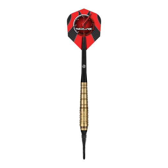 Shot Redline Mach 1 Softdarts - 20g Das Bild zeigt einen Shot Redline Mach 1 Softdart mit einem Gewicht von 20g. Der Dart hat einen goldenen Griffbereich, einen schwarzen Schaft und eine rote Flights mit dem Redline-Logo.