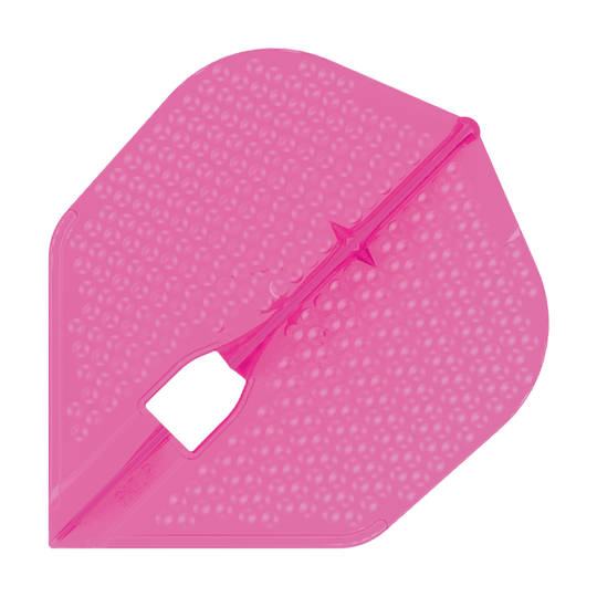 Das Bild zeigt einen pinken Dartflight mit einer genoppten Oberfläche. Es handelt sich um das Modell "L-Style Flights Dimple Champagne L3PRO Shape".