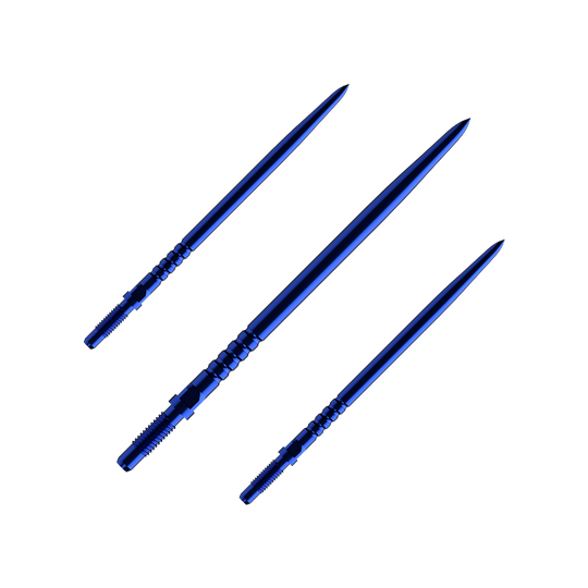Das Bild zeigt das Produkt BU57715_BullsNL_Convertible_Points_RingedGrip_Blau_40mm_1Set. Es handelt sich um einen Satz blauer, geriffelter Dartspitzen.