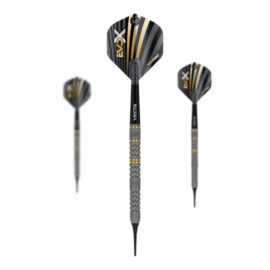 Das Bild zeigt drei Winmau Michael Van Gerwen Evo-X Softdarts mit einem Gewicht von 20g. Die Darts haben ein modernes Design mit schwarzen, goldenen und silbernen Akzenten.