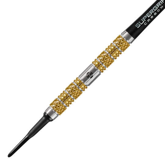 Harrows Anniversary Edition Atlantis Softdarts - 18g Das Bild zeigt einen Harrows Anniversary Edition Atlantis Softdart mit einem Gewicht von 18g. Der Dart hat ein auffälliges gold-silbernes Design und eine schwarze Spitze.