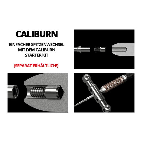 Caliburn System Steeldartspitzen - Ripple - NoLip - Schwarz Das Bild zeigt die Caliburn System Steeldartspitzen - Ripple - NoLip in Schwarz mit verschiedenen technischen Nahaufnahmen. Es werden die einzelnen Komponenten und der Aufbau der Dartspitzen detailliert dargestellt.