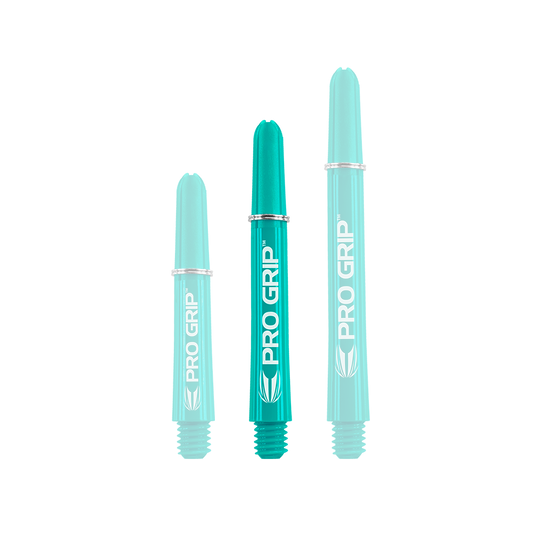 Auf dem Bild sind drei türkisfarbene Pro Grip Shafts in unterschiedlichen Längen zu sehen. Alle drei Shafts haben die Aufschrift "PRO GRIP" in weißer Farbe.