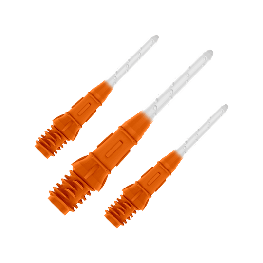 Das Bild zeigt drei orange-weiße Dartspitzen in einer Reihe. Die Spitzen sind zum Teil orange und werden nach vorne hin durchsichtig.