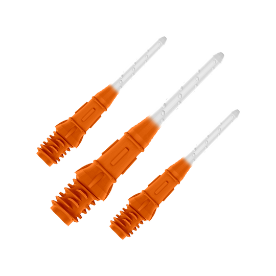 L-Style Premium Two Tone Lippoints (30er Pack)-Orange/Weiß Das Bild zeigt drei orange-weiße Dartspitzen in einer Reihe. Die Spitzen sind zum Teil orange und werden nach vorne hin durchsichtig.