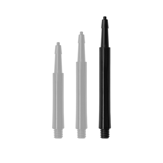 HRC12619_Harrows_Clic_Standard_Shafts_Schwarz_37mm_1QaDcgvy5x2bFt Das Bild zeigt drei schwarze Harrows Clic Standard Shafts in unterschiedlicher Länge. Sie sind als Zubehörteile für Dartpfeile gedacht.