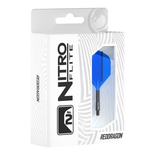 Red Dragon Nitroflite - Black Shaft Blue No2 Flights Die Verpackung zeigt das Produkt "Red Dragon Nitroflite - Black Shaft Blue No2 Flights". Im Sichtfenster ist ein blauer Dart-Flügel mit schwarzem Schaft zu sehen.