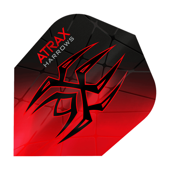 Harrows Atrax Prime No6 Flights Das Bild zeigt das Produkt "Harrows Atrax Prime No6 Flights" in rot und schwarz. Ein auffälliges Tribal-Muster und die Markenaufschrift sind auf der Dart-Flugfläche zu sehen.
