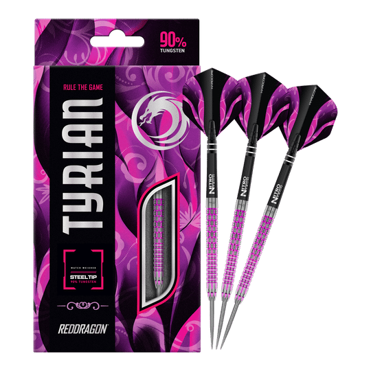 Red Dragon Tyrian Steeldarts Das Bild zeigt die Red Dragon Tyrian Steeldarts mit auffälligem lila und pinkem Design. Die Darts bestehen zu 90% aus Tungsten und sind in einer stilvollen Verpackung präsentiert.