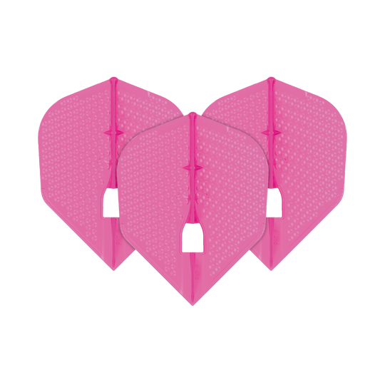 Das Bild zeigt drei pinkfarbene Dart-Flights mit einer strukturierten Oberfläche. Es handelt sich um das Produkt "L-Style Flights Dimple Champagne L3PRO Shape".