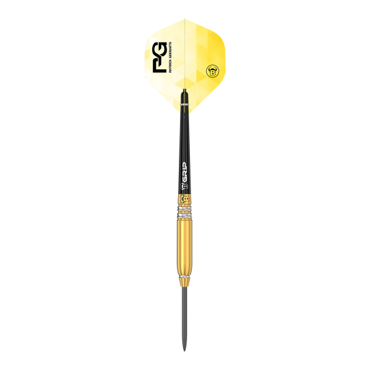 Bulls Patrick Geeraets Steeldarts - 23g Das Bild zeigt einen Steeldart namens "Bulls Patrick Geeraets Steeldarts - 23g". Der Dartpfeil hat eine goldene Barrel, einen schwarzen Schaft und ein gelb-weißes Flight mit Logo.