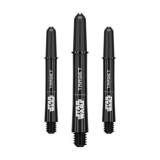 Target Star Wars ProGrip Shafts - Schwarz Hier ist das Produkt mit dem Dateinamen 380421_Target_StarWars_ProGrip_Shafts_Schwarz_Intermediate_41mm_1Set zu sehen. Es handelt sich vermutlich um schwarze Dartshafts mit mittlerer Länge und Star Wars ProGrip Design.