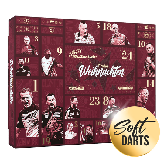Zu sehen ist der McDart Premium Adventskalender 2026 für Softdart-Spieler. Der Kalender enthält exklusive Überraschungen rund um Softdarts.