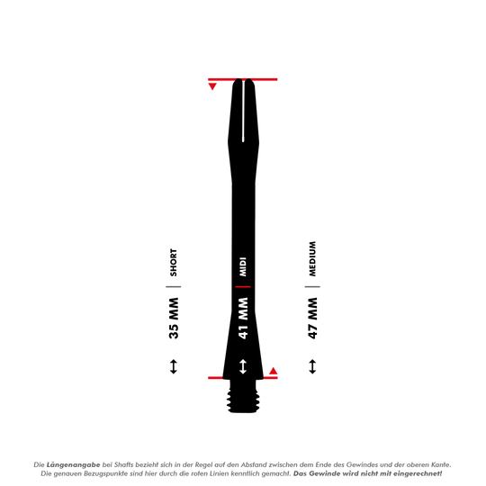 HR366_Harrows_Keramic_Shafts_5_41mmBkJzGr3St4ODa Das Bild zeigt die Harrows Keramic Shafts in Matt-Schwarz mit unterschiedlichen Längen. Die Längenangaben sind 35 mm (Short), 41 mm (Midi) und 47 mm (Medium).