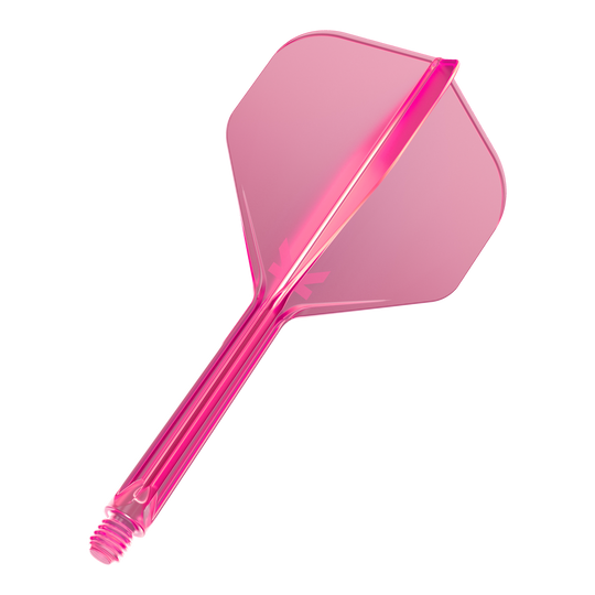 Das Bild zeigt eine pinke Dartflügel- und Schaftkombination. Sie besteht aus durchsichtigem Neonpink-Kunststoff.