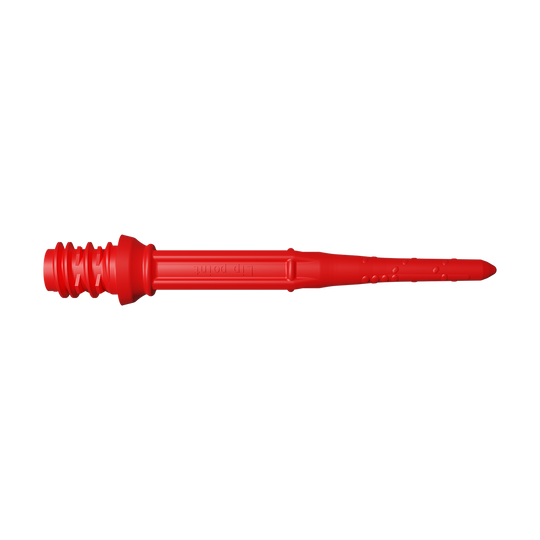 Das Bild zeigt eine rote Softdartspitze. Sie ist lang, schmal und hat kleine Einkerbungen zur besseren Haftung.