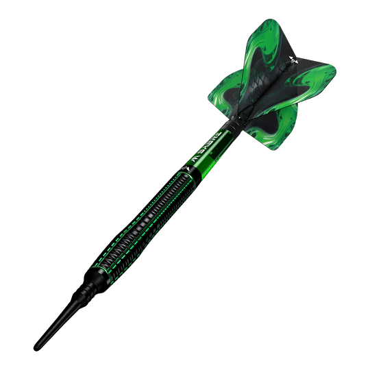Mission Venom Softdarts - 20g Das Bild zeigt einen Mission Venom Softdart mit einem Gewicht von 20g. Der Dart ist schwarz und grün gestaltet und hat ein auffälliges Design am Flight.