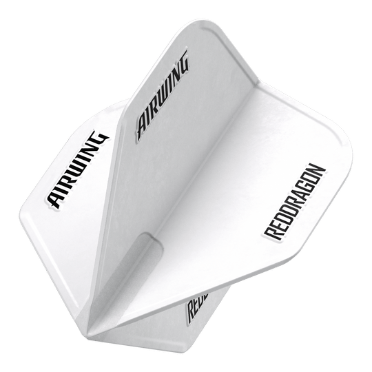 Das Bild zeigt ein weißes Dart-Flights-Set mit der Aufschrift „AIRWING“ und „REDDRAGON“. Das Produkt heißt „Red Dragon Airwing White Standard Flights“.