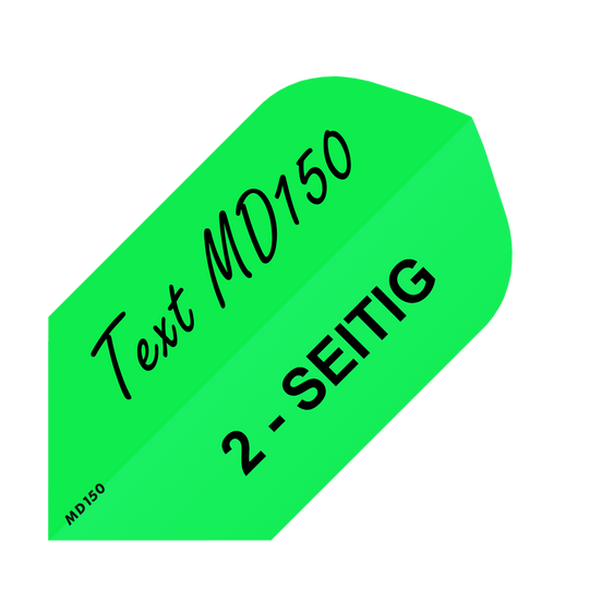 MD-253_2-Seitig_Bedruckte_Flights_Wunschtext_MD150_Neongr-n_Slim_1 Das Bild zeigt einen grünen, bedruckten Dart-Flight mit der Aufschrift "Text MD150" und "2-SEITIG". Es handelt sich um das Produkt "10 Satz Bedruckte Flights 2-Seitig - Wunschtext - MD150 Slim".
