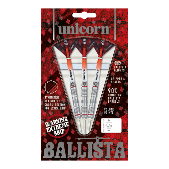 Unicorn Ballista Style 2 Steeldarts Das Bild zeigt eine Packung "Unicorn Ballista Style 2 Steeldarts" mit drei Darts. Die Verpackung hebt den extremen Grip und den 90%igen Tungsten-Anteil der Barrels hervor.