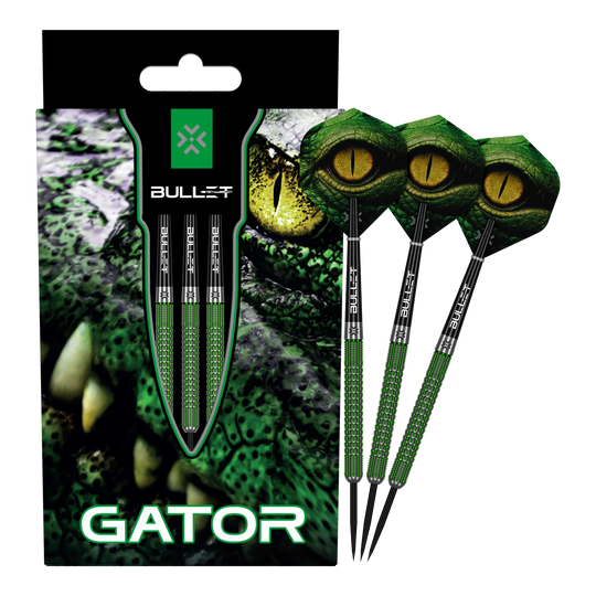 Bullet Gator Steeldarts Das Bild zeigt die Bullet Gator Steeldarts. Es handelt sich um Steeldarts für den Präzisions-Dartsport.