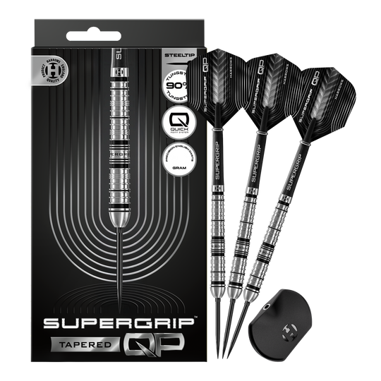 Harrows Supergrip Tapered Quick Point Steeldarts Abgebildet sind die Harrows Supergrip QP Tapered Quick Point Steeldarts. Es handelt sich um hochwertige Steeldarts für präzises Dartspiel.