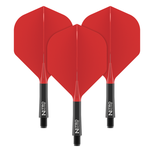 Red Dragon Nitroflite - Black Shaft Red No2 Flights Abgebildet ist ein weiterer Nitro-Flite in Schwarz und Rot, Short Größe, 22 mm. Das Produkt wird aus einer anderen Perspektive dargestellt.