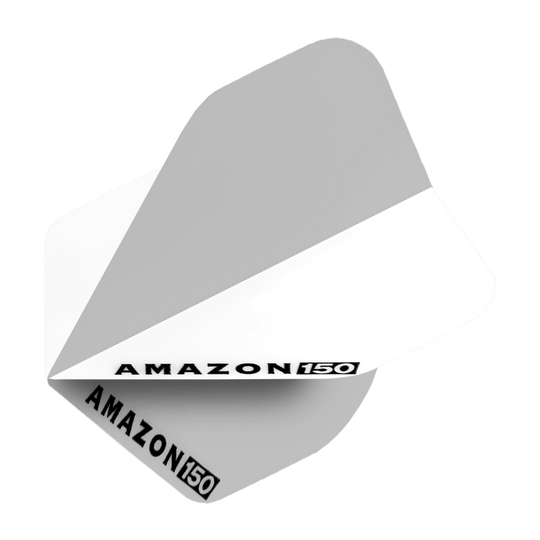 Amazon 150 Flights - Weiß Das Bild zeigt ein weißes Amazon 150 Flights Dart-Flügel. Auf dem Flight steht in schwarzer Schrift "AMAZON 150".