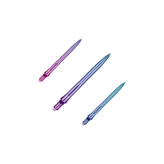 Caliburn EZ-EVO Dartspitzen - Grooved - Rainbow Das Bild zeigt EVO205 Caliburn EZ-EVO Dartspitzen Grooved Rainbow 28mm als Set. Es handelt sich um mehrfarbige Dartspitzen mit Rillenstruktur.
