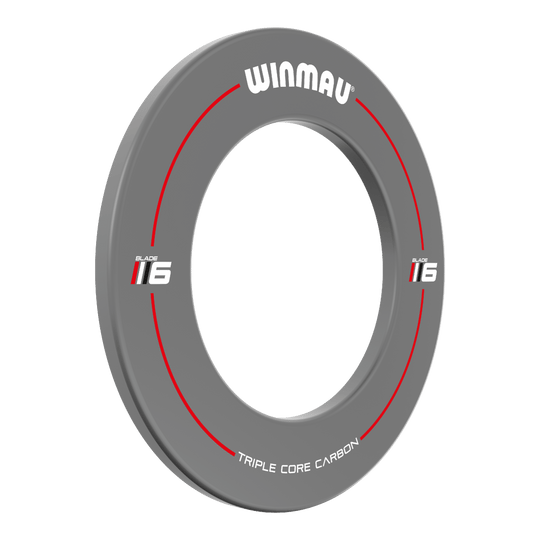 Das Bild zeigt das Produkt "Winmau Blade 6 Design Dartboard Surround" in Grau. Der Dartboard-Surround ist rund, hat rote Akzente und weißen Text.