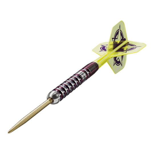 Das Bild zeigt einen Steeldart der Marke Target, Modell "Luke Littler World Champion 2025 Edition" mit einem Gewicht von 23g. Der Dart hat ein modernes Design mit gelben Flights und einem auffälligen, gerillten Metallgriff.